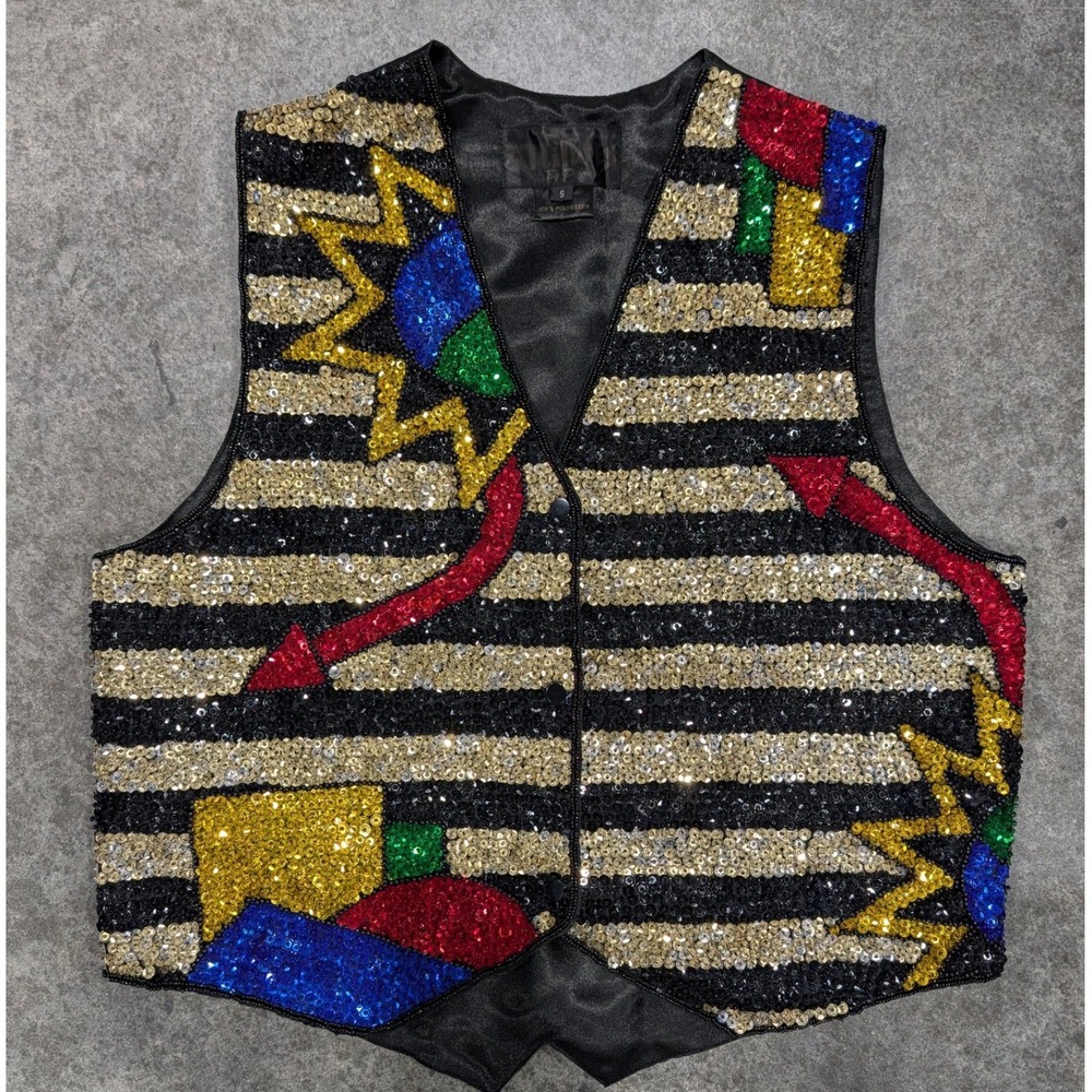 VTG Attitudes by Debra Vest Small Multicolor Sequin Abstract Art Deco Stripes